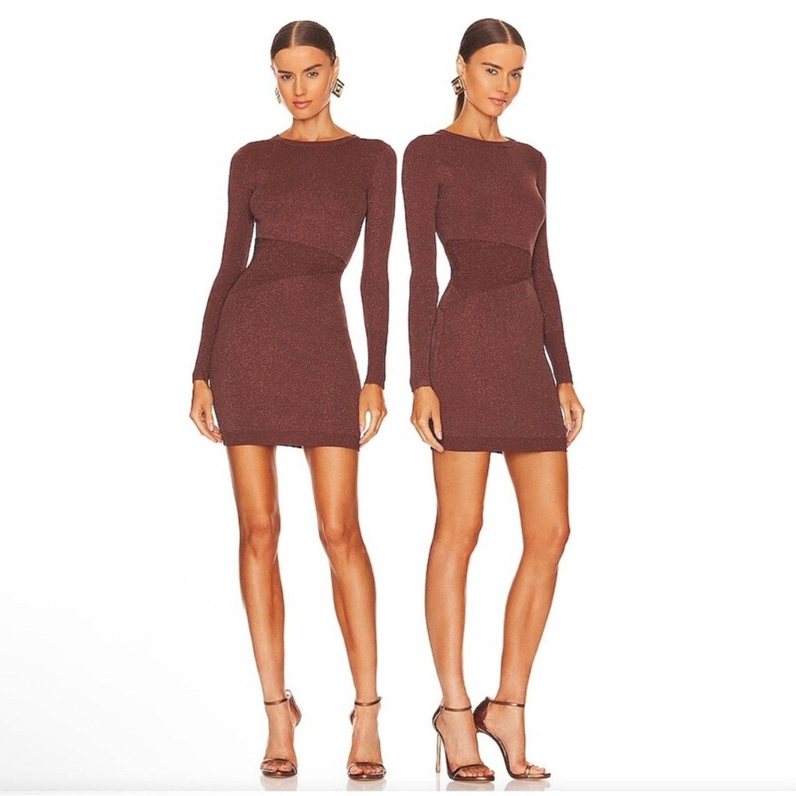 New Retrofete Sonja Rib Knit Dress In Metallic Cognac Brown Sz M